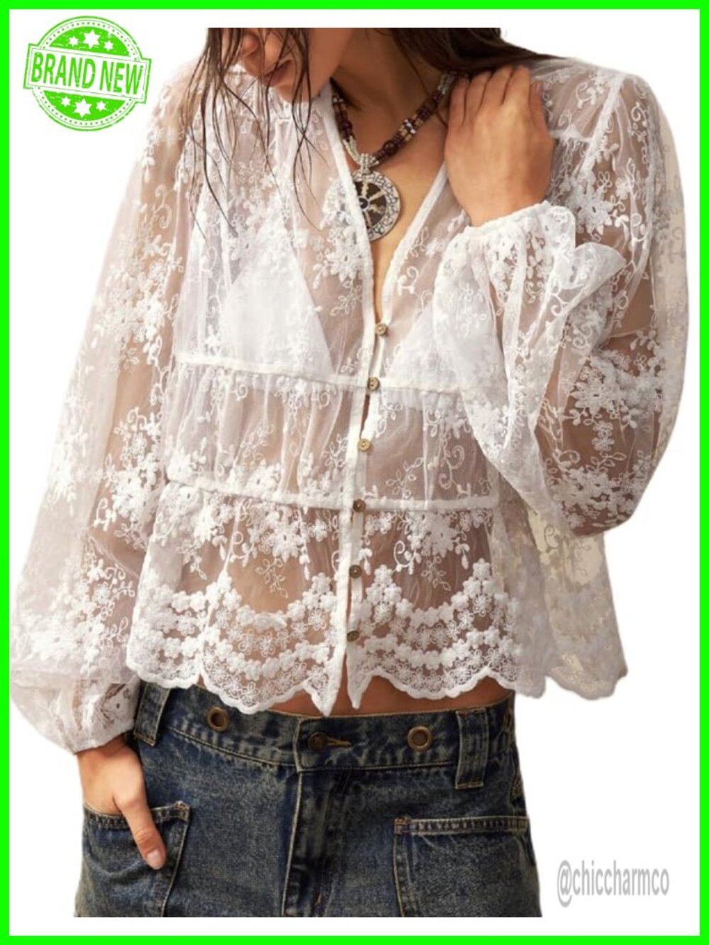 Sheer Lace Tie Front Long Sleeve Blouse V Neck Ruffle Crop Top